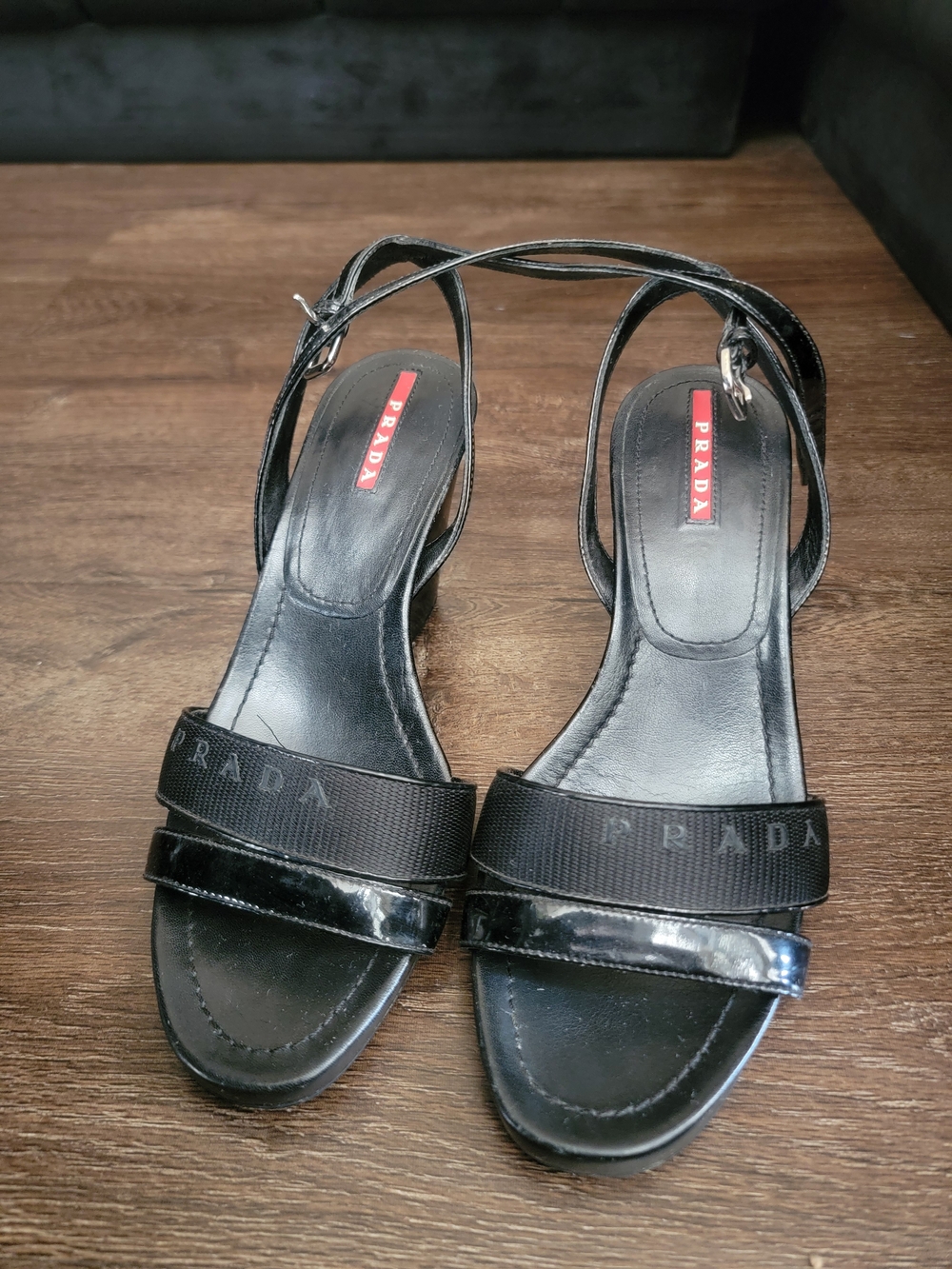 Prada Black Leather & Grosgrain Slingback Sandals